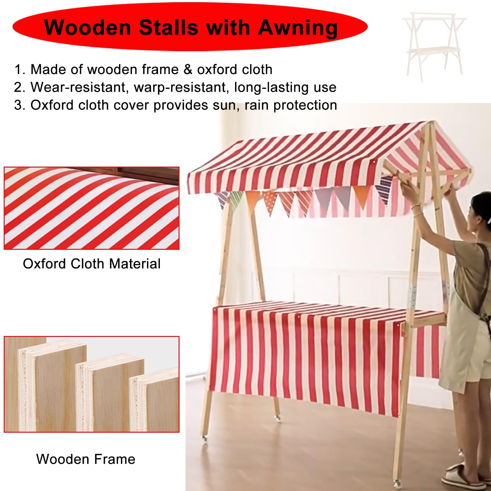 Expositor para vendedores Ambulante Carrito portátil con toldo, Puesto móvil Plegable for Mercado, Carrito de Catering empresarial de 120 a 150 cm de Largo.(Red,150x60x195cm(59x23.6x76.8in))