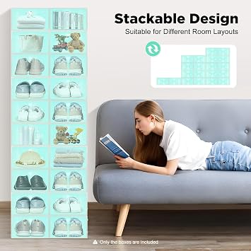 Clear Shoe Boxes, 20 Flip-Top Shoe Boxes Large, Stackable, Breathable, Foldable, Shoe Boxes with Flip-Top Doors Suitable for all Types of Shoes(Emerald Green Heart Style)