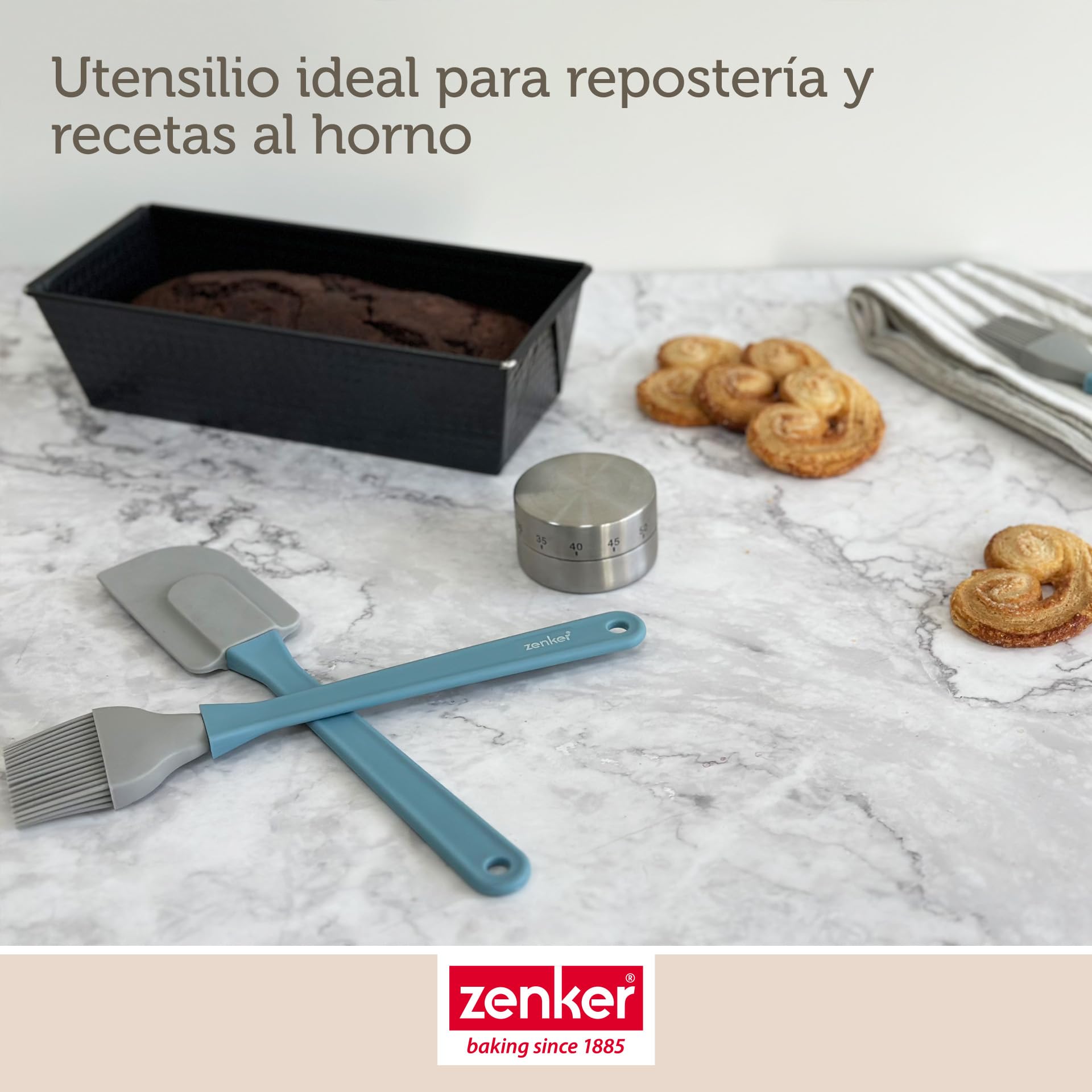 Zenker Set de Repostería, incluye Molde de Hornear Rectangular Desmontable con Tapa 43x29x10 cm, Espátula de Silicona y Pincel de Silicona Brocha 5 cm, Juego de Repostería para Tartas y Bizcochos