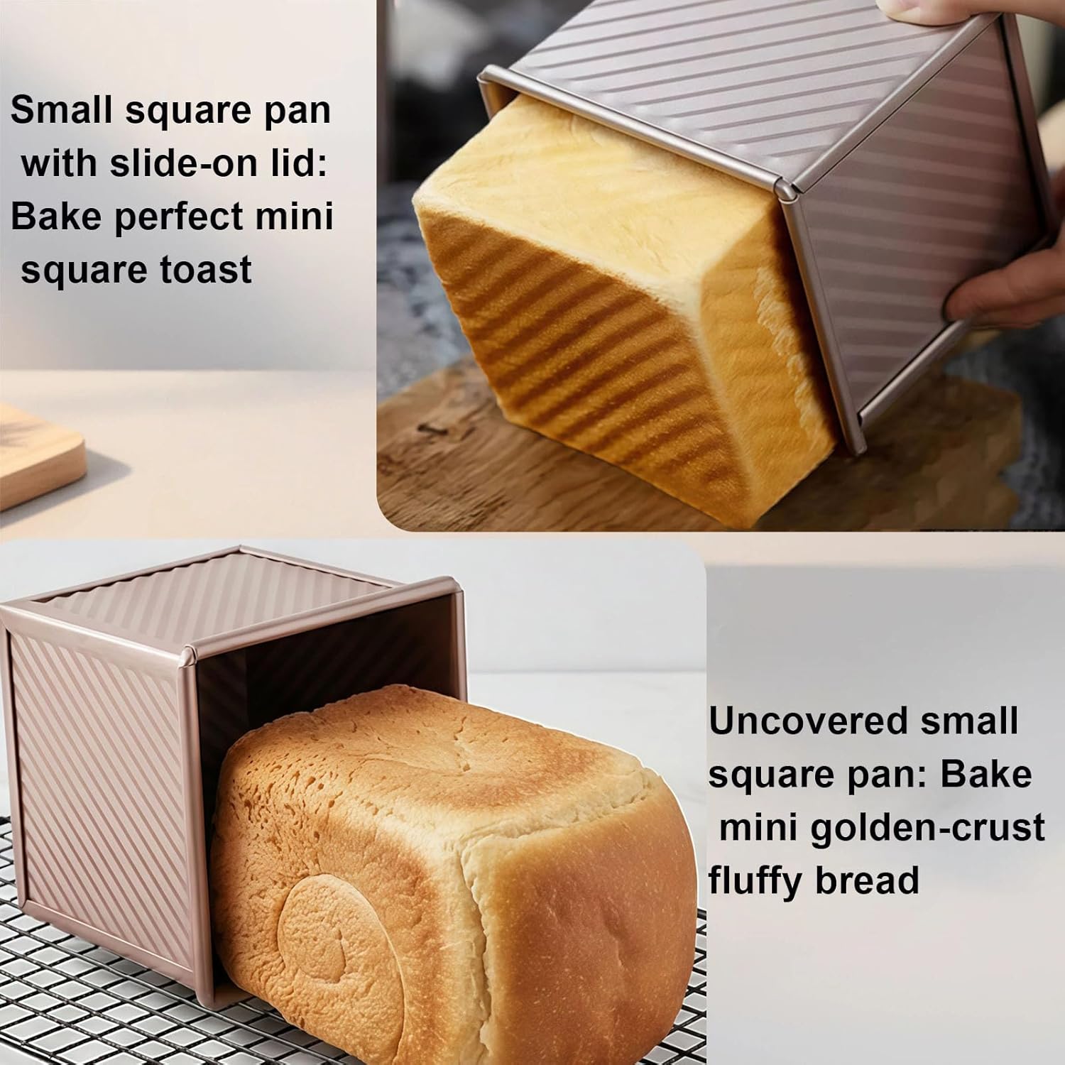 Mini Pullman Loaf Pan with Lid 2-Pack, 4 Inch Square Bread Pan Set of 2, Non-Stick Carbon Steel Baking Pans for Small Batch Homemade Bread