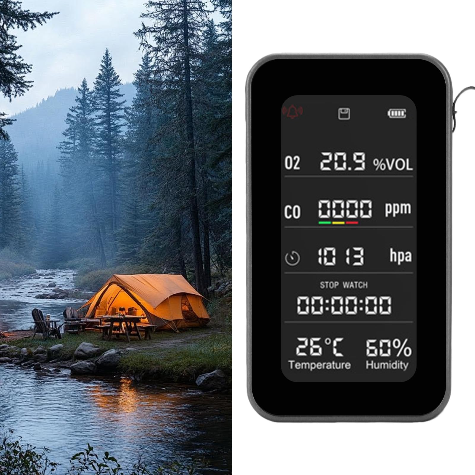 Fafeicy Rilevatore di qualità Dell'aria, Tester Esterno Portatile con Torcia di Emergenza e Allarme di Rilevamento di Ossigeno, Display di Pressione di umidità e Temperatura, Grigio
