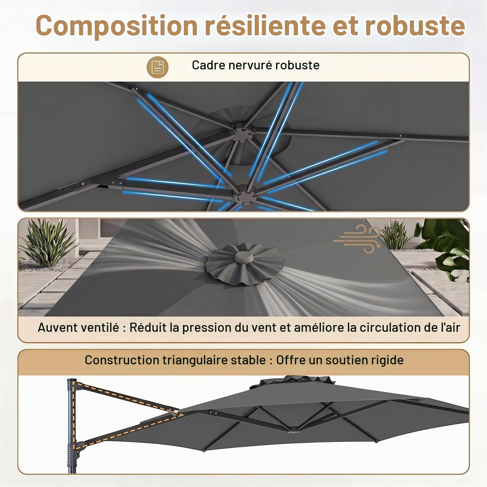 KOMFOTTEU 3M Parasol de Jardin Extérieur, Anti UV, Rotatif 360°