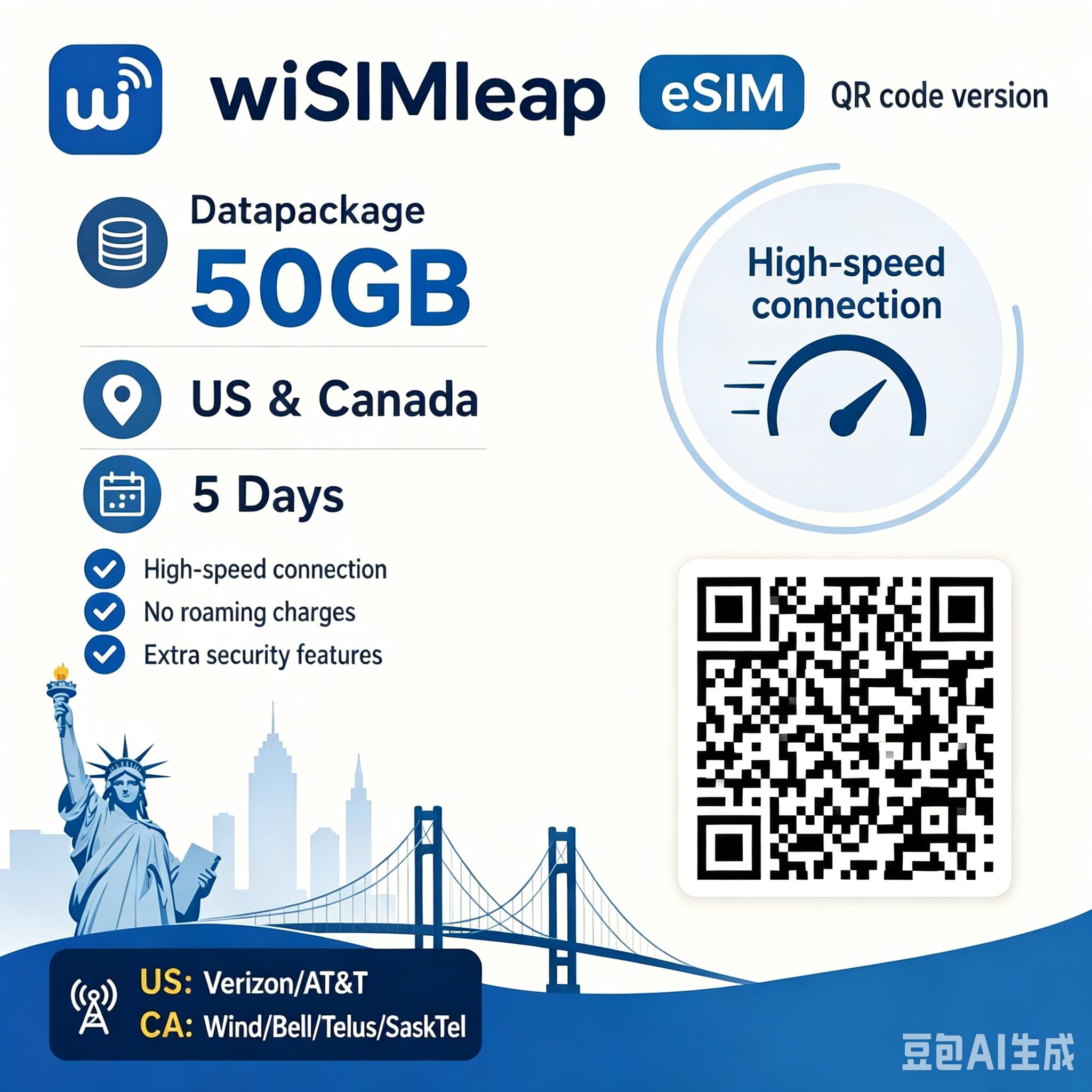 Tarjeta eSIM prepaga para Estados Unidos y Canadá - Pay-as-You-go - Sin contrato - Paquete de datos de 50 GB - 5 días