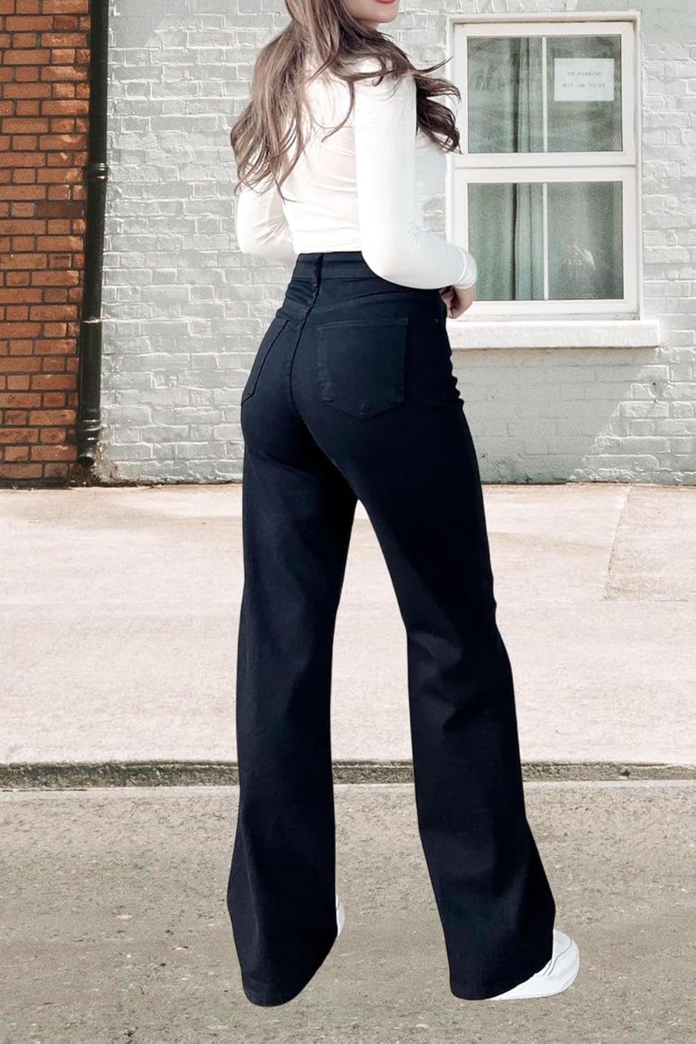 Women's Wide Leg Straight Jeans High Waist Stretchy Boyfriend Classic Denim Pants - Image 5