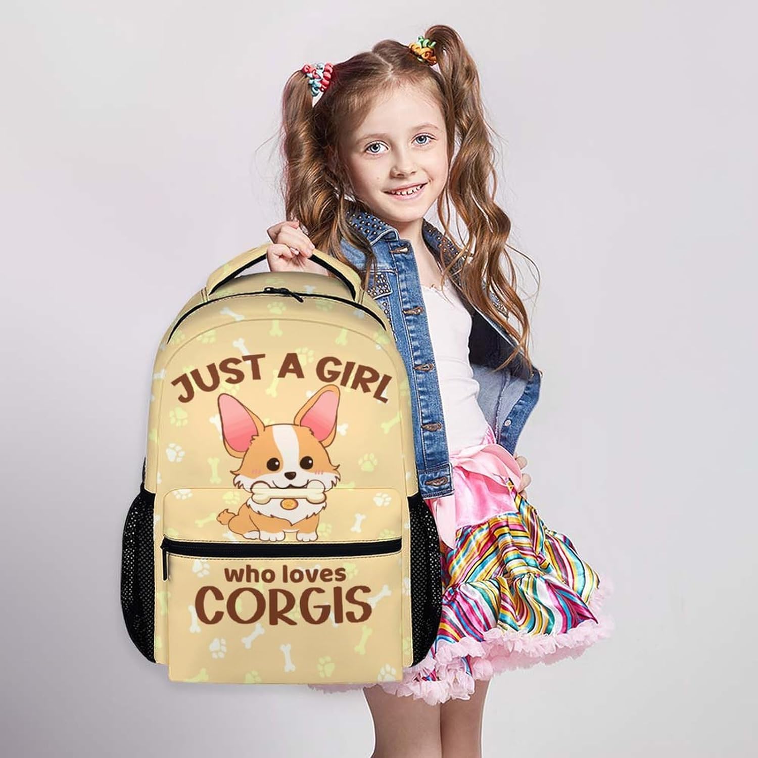 School Backpack for Kids - Corgi Backpack for Girls - 17" Cute Dogs Backpack - Yellow Large Capacity Lightweight Bookbag for Students Age 6-8