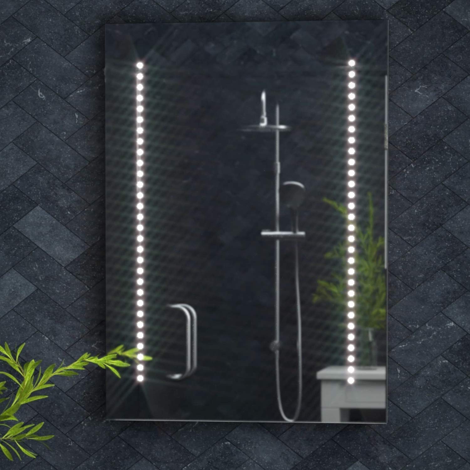 Pebble Grey Illuminated Bathroom Mirror with LED Lights 500x700mm IP44 Rated - Tannon Plus Wall-Mounted Heated Bathroom Mirror with Lights and Shaver Socket, Heated Demister Pads and Motion Sensor