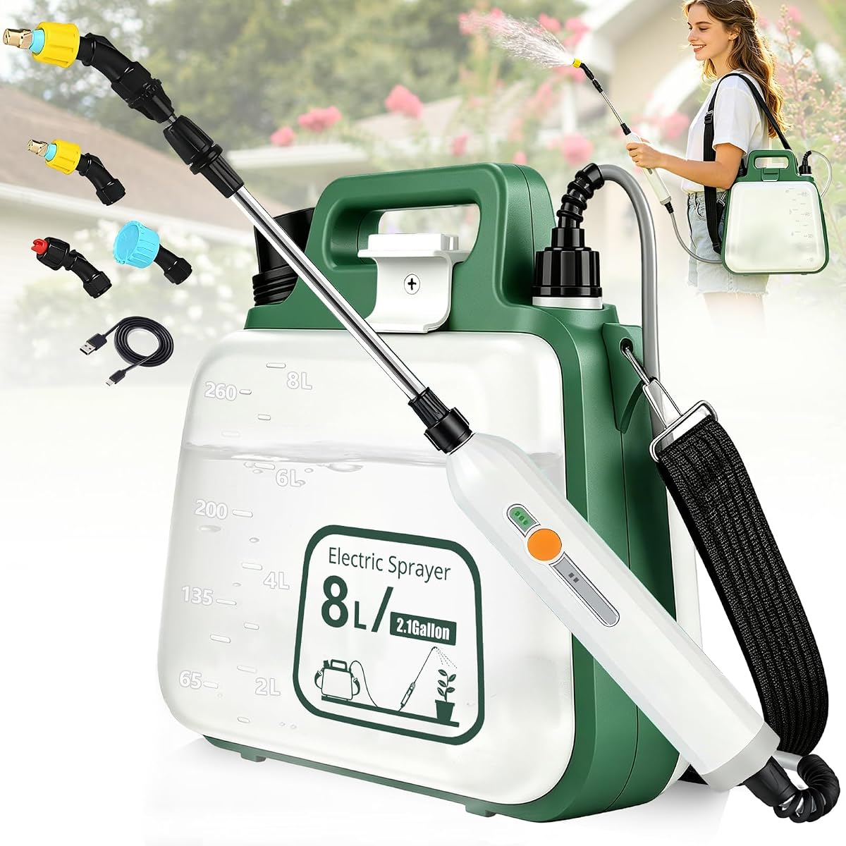 Rociador de jardín con batería de 2 galones, rociador eléctrico mejorado con mango recargable impermeable, rociador de malezas con 3 boquillas, 5 modos de rociado, 2 velocidades