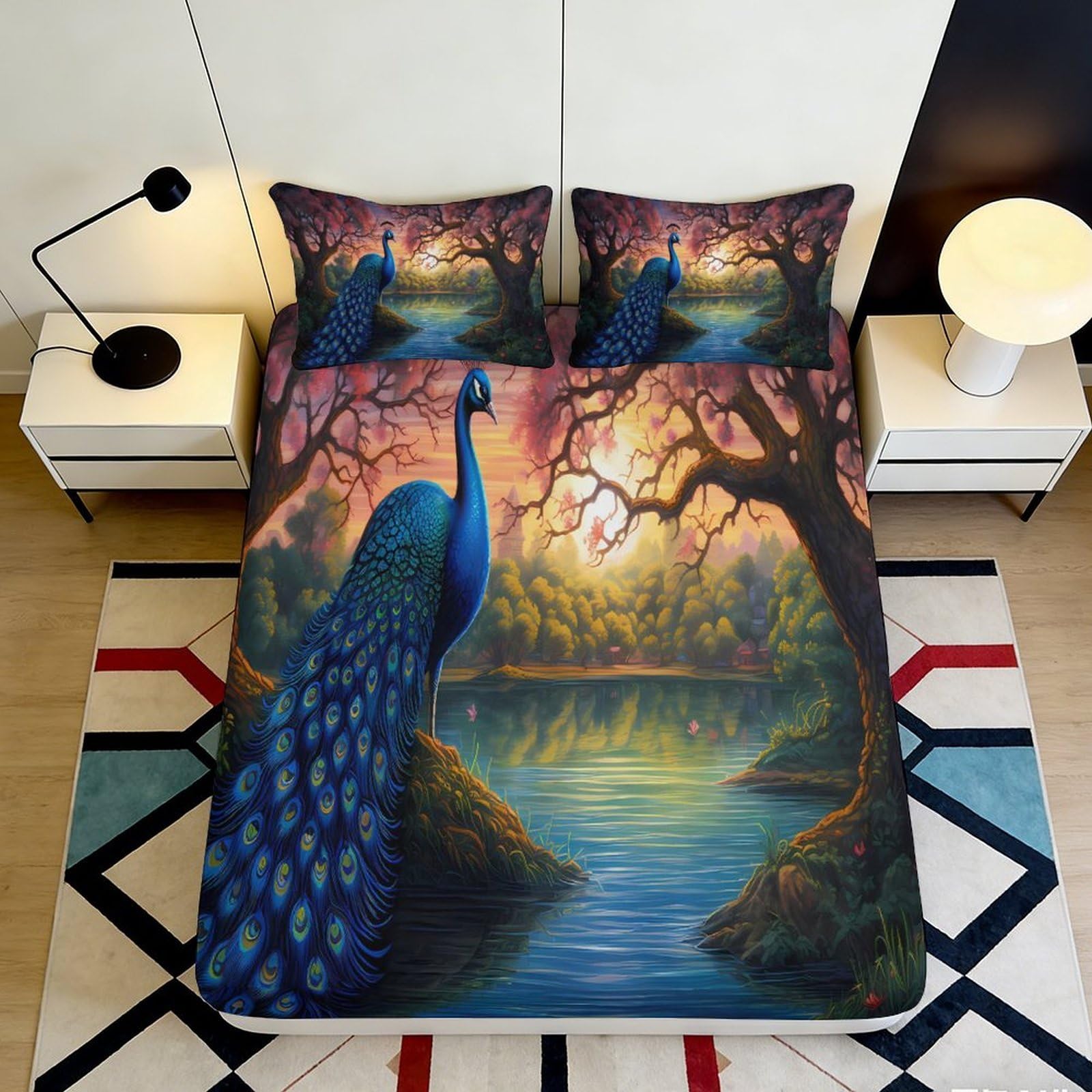 3D Printed Peacock Lake Fitted Sheet Microfiber Soft Anti-Slip Sunset Forest Bed Cover for Bedroom Guest Room Decor 140x200x25cm
