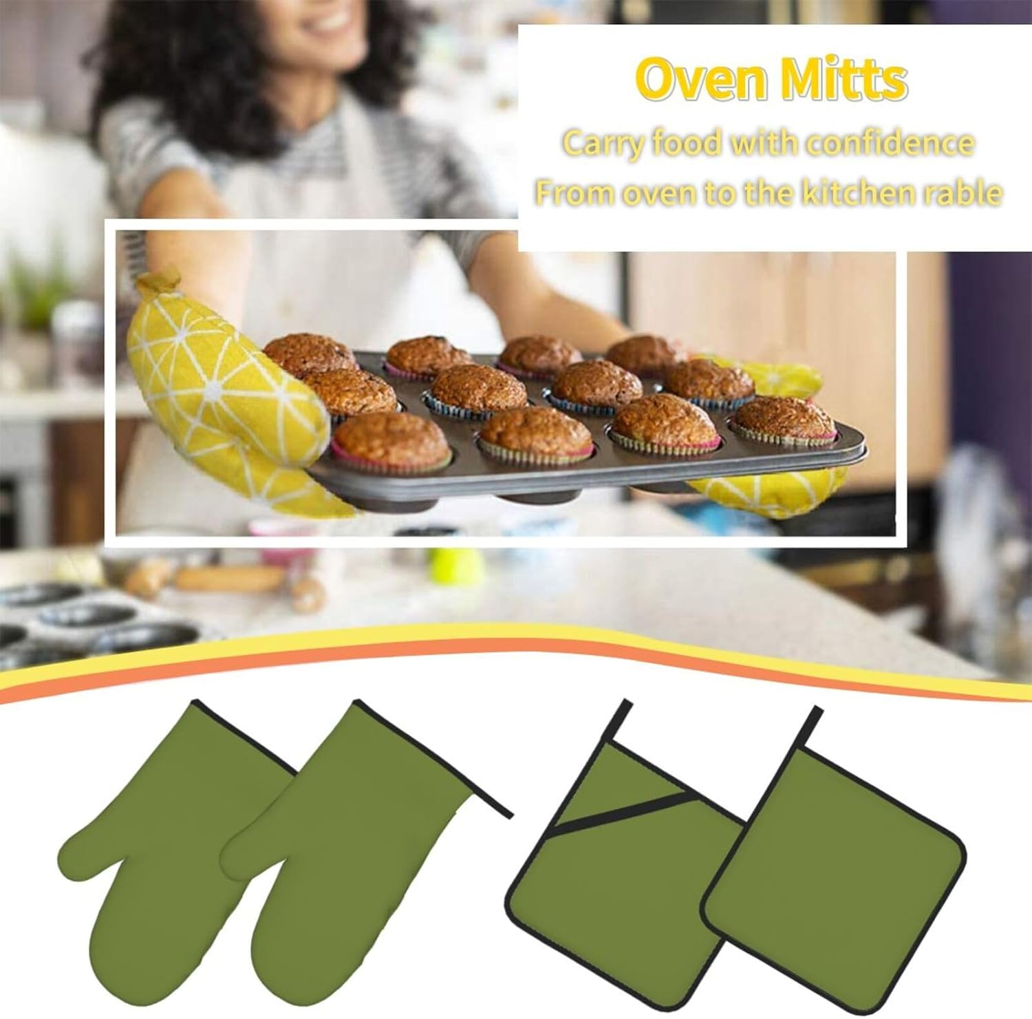 Solid dark green Oven gloves and heat-resistant mat 4-piece set. Suitable for grilling, microwave oven frying, and baking