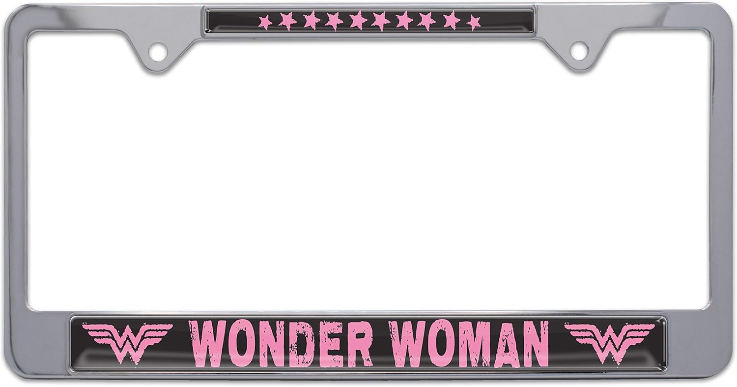 Elektroplate Officially Licensed - DC Comics Wonder Woman Pink on Chrome-Plated All-Metal Standard Size License Plate Frame Tag Holder for Cars/SUVs/Trucks Weather-Proof Automotive Accessory