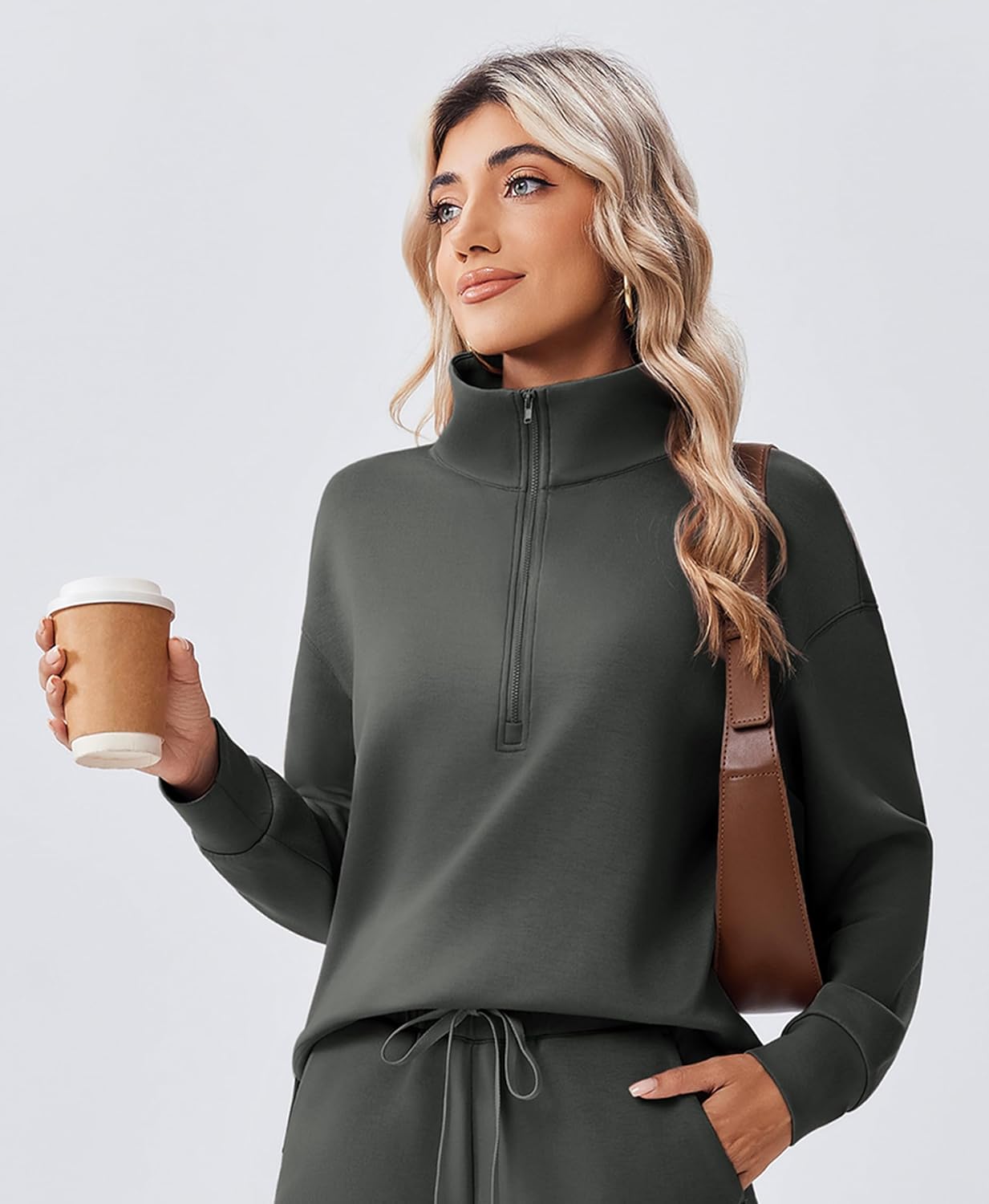 PINSPARK 2 Piece Sets for Women 1/2 Zip Sweatsuit Loose Fit Sweatshirt Straight Leg Pants 2025 Matching Outfit Fall Tracksuit - Image 4