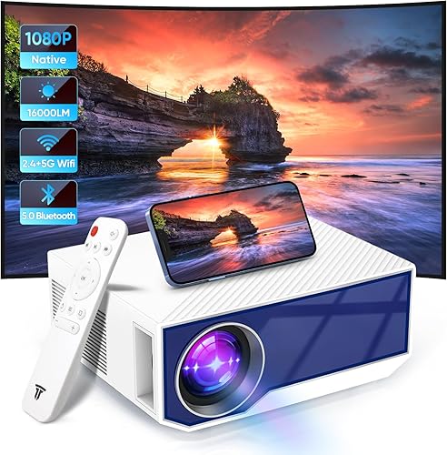 Proyector con WiFi y Bluetooth, mini proyector portátil de 16000 lúmenes, proyector de película nativo Full HD 1080P para exteriores, proyector
