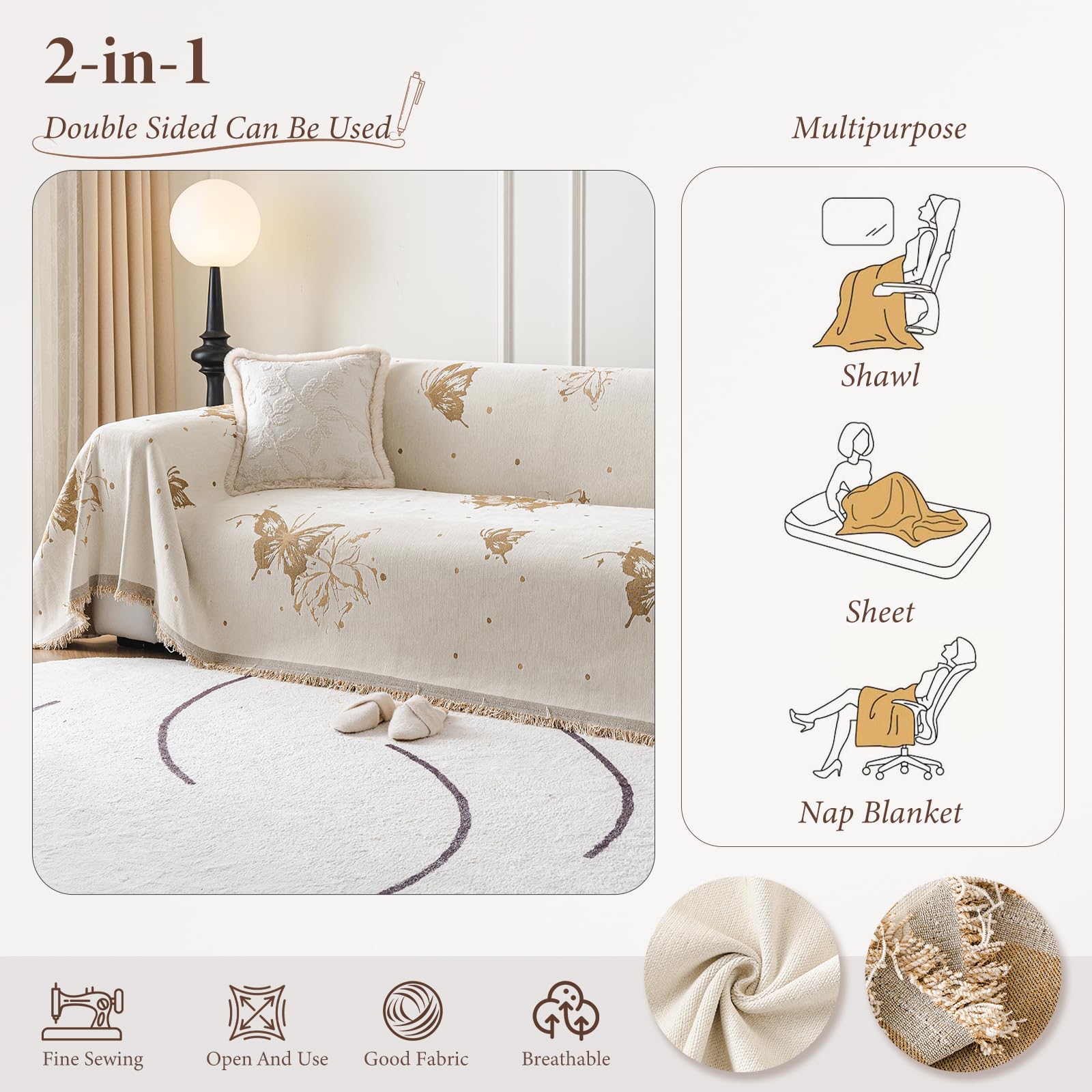 Copridivano, Telo Copridivano, Coperta Decorativa per Divano, Plaid Per Divano Con Nappe Delicate, Lenzuolo Copridivano, Foulard Copridivano 180 * 420cm-Curry scuro