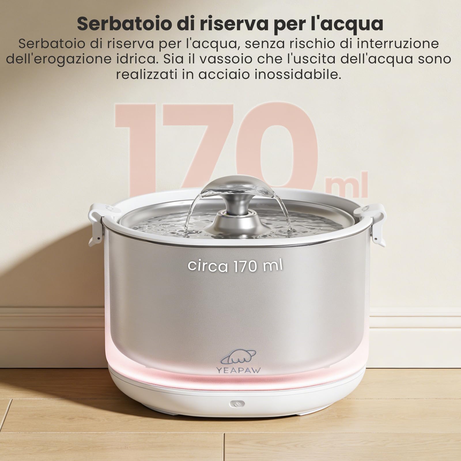 Fontaine à eau pour chat sans pompe Bac et bol en acier inoxydable Fontaine d'eau sans Fil pour animaux 2,5 L, Distributeur intérieur pour chats, Facile à nettoyer, Sans BPA, Bianc