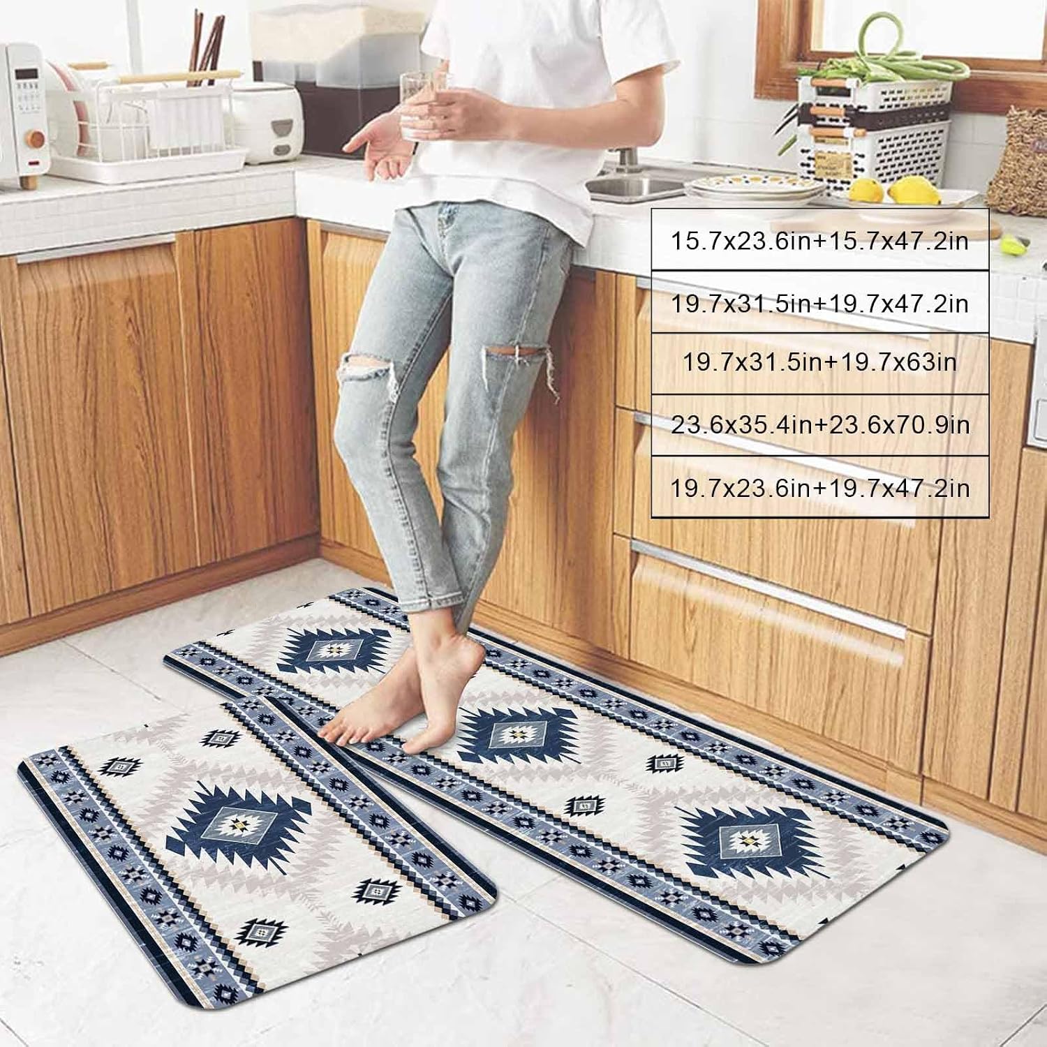 Prime Leader Vintage Aztec Kitchen Mat Set 2 Pieces Ethnic Tribal Style Navy Blue Mottled Geometric Non Slip Kitchen Rugs Washable Runner Rug Mats for Sink Laundry (15.7" x 23.6"+15.7" x 47.2")