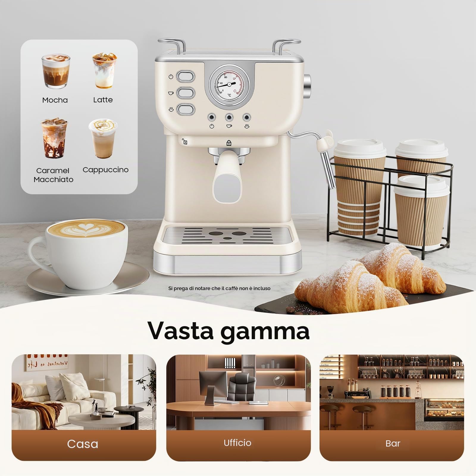 Macchina per caffè espresso 20 bar, macchina per caffè espresso con montalatte 1,5 l, mini macchina per caffè espresso per moka, latte, caramello macchiato, cappuccino