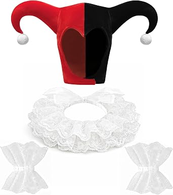 4PCS Clown Costume Accessories Set, Jester Hat Lace Ruffle Collar Wrist Cuffs for Halloween Cosplay Party
