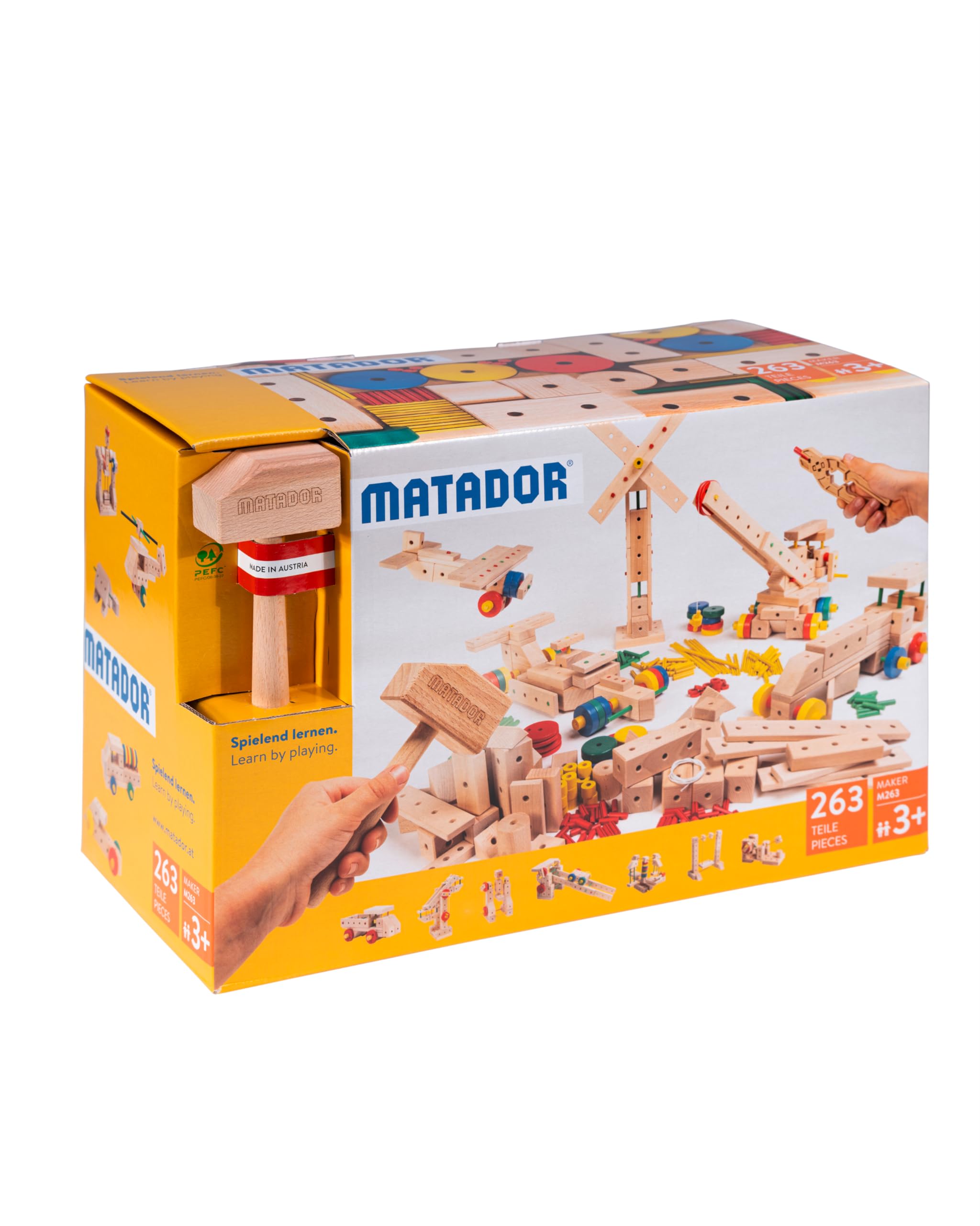 Matador Set de Construcción para Niños Desde 3 Años – 263 Piezas | Juego de construcción en Madera Atractivo para fomentar Creatividad y motricidad Fina, con Varillas, Bloques, Martillo y Pinza