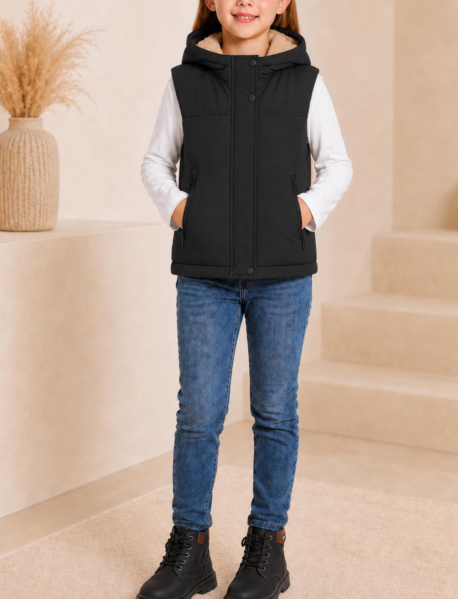 Gilet trapuntato per bambini e bambine, invernale, caldo, foderato in pile, giacca softshell con cappuccio, chiusura lampo, cappotto invernale antivento, senza maniche