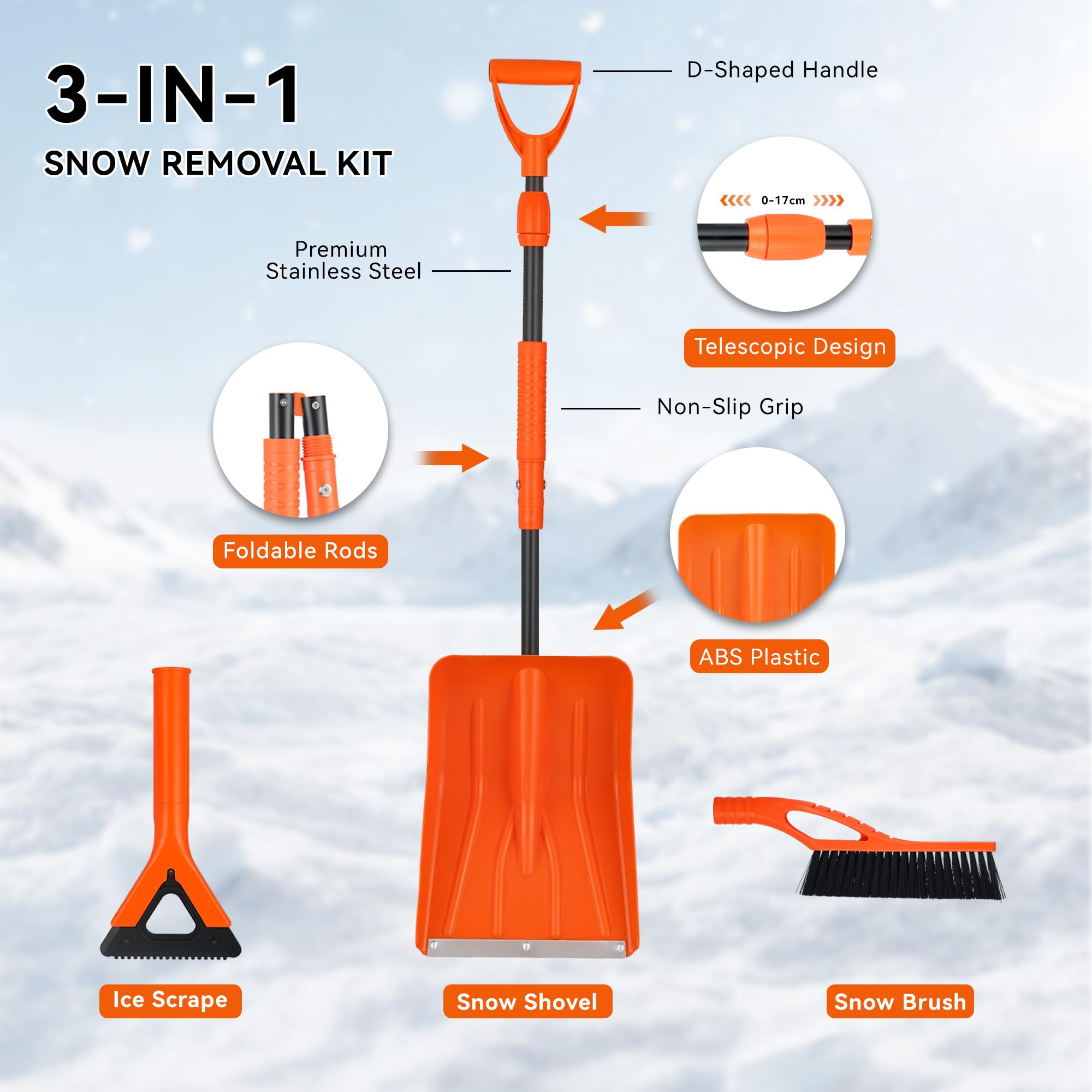 Kit de pala de nieve plegable 3 en 1, con cepillo de nieve y raspador de hielo, rascador de nieve de 127 cm con varilla telescópica, ideal para limpiar la nieve de calzadas, pavimentos, techos de — view 2
