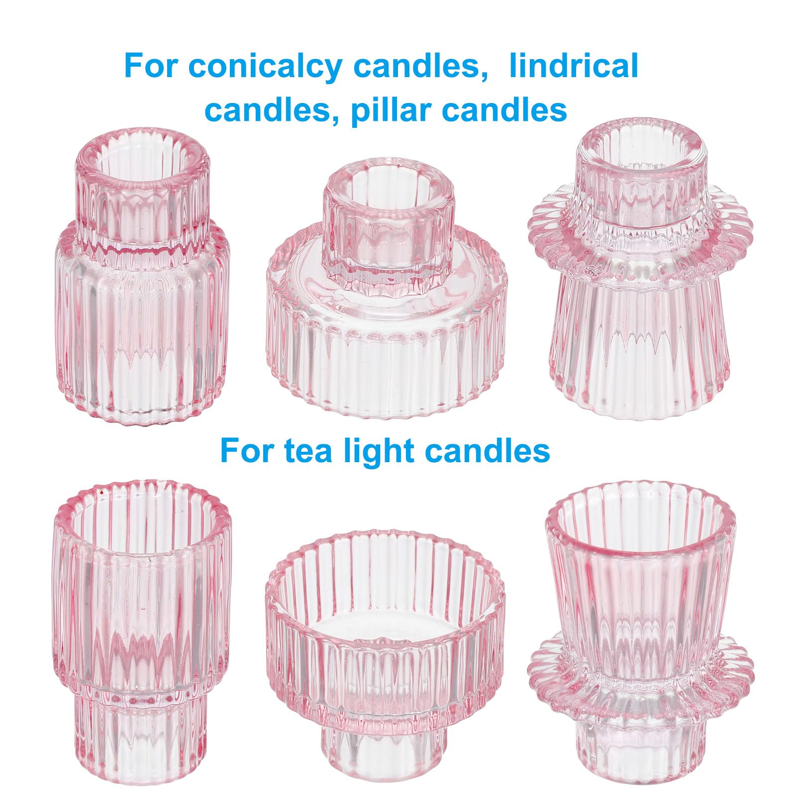 PATIKIL 3pcs Glass Candle Holder, Taper Candle Holder Stand Clear Glass for Table Centerpiece Decor Wedding Dinner Party, Pink - Image 3