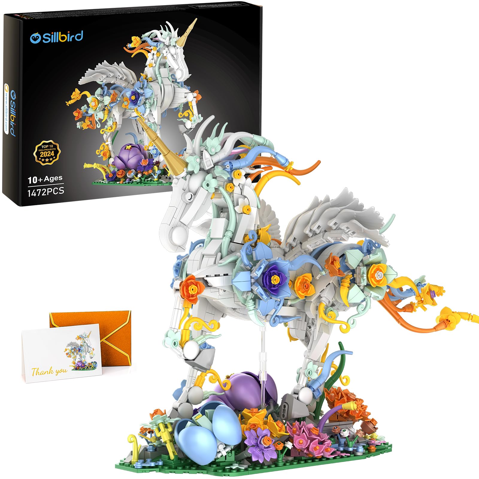 Sillbird Flowers Unicorn Building Toy Set, MOC Floral Animal Collectible Display Model for Home Decor or Office, Birthday Toys for Adults and Kids Age 10+, 2024 New(1472 Pieces)