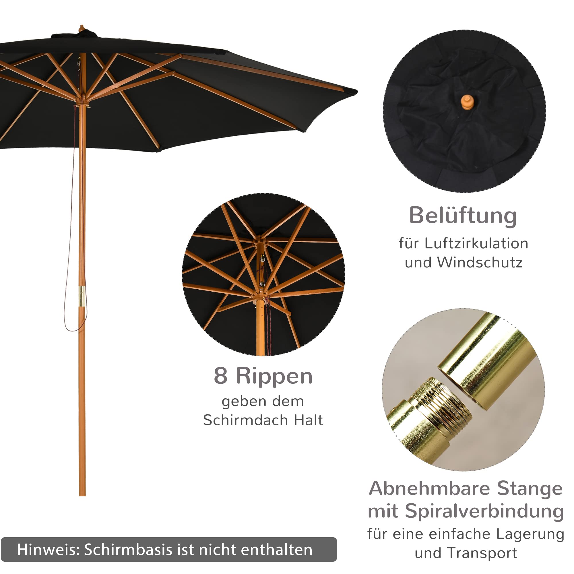 Outsunny Sonnenschirm Ø 300 cm UV Schutz Balkonschirm aus Holz | Strandschirm Stabil, Marktschirm, Sonnenschutz für Strand Terrasse Garten