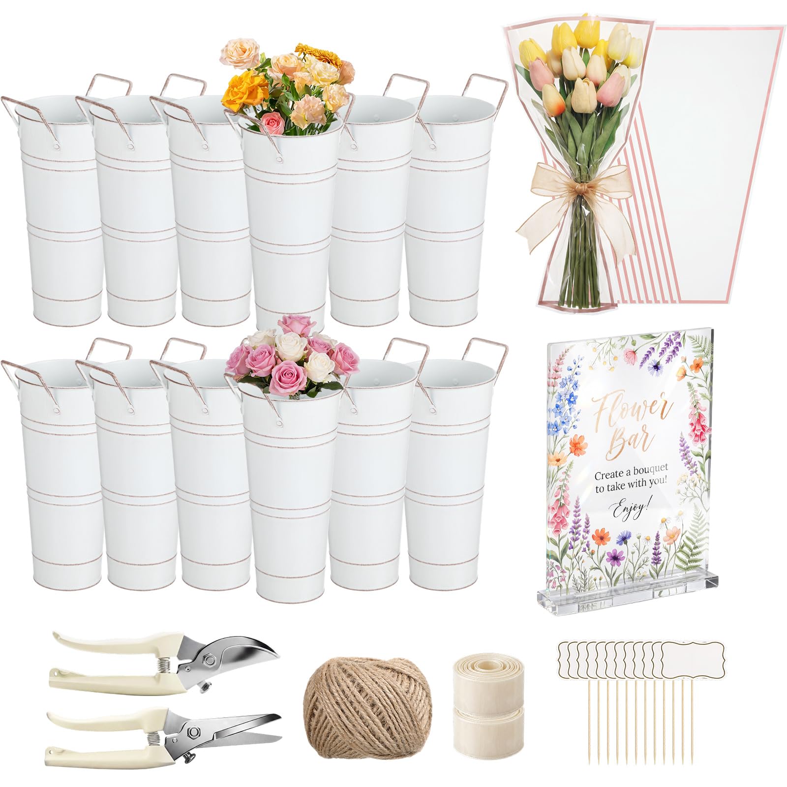 142 piezas de suministros de barra de flores con 12 cubos blancos, 100 bolsas de envoltura de flores, tijeras para letreros de flores, suministros de barra para boda, novia, graduación
