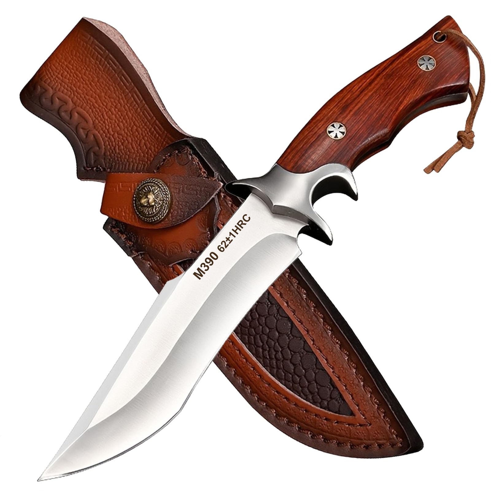 TIANYUE-FONG Hunting Knife - 10.43 Inch Bowie Knife M390 Steel 63 HRC Hardness Full Tang - Fixed Blade Knife with Sheath for Survival Tactical Camping Bushcraft - Red Wood Non-Slip Handle