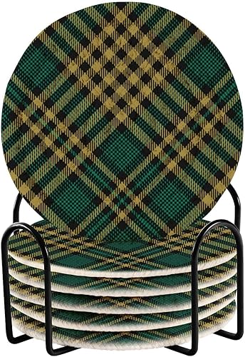 Miniatura 1 de Coasters and Holder Set of 6 Coasters for Drinks Absorbent Coasters Porta Vasos para Mesas Green Yellow Buffalo Plaid