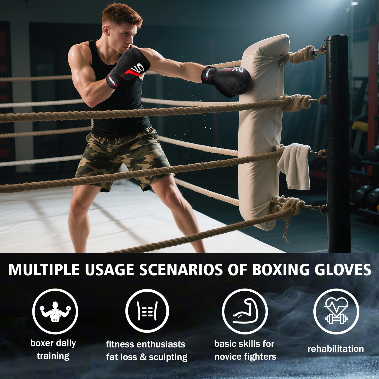 Guantes de Boxeo 14oz con Palma Ventilada para Kickboxing Muay Thai Entrenamiento Hombres Mujeres