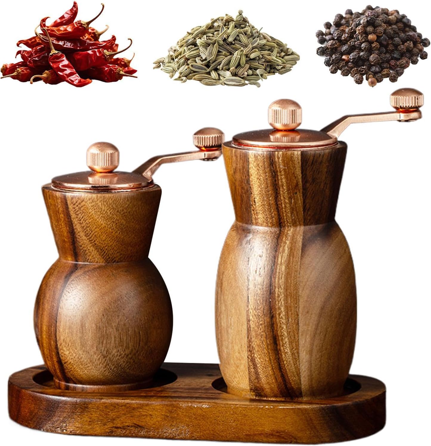 Salt and Pepper Grinder Set - Hand Crank Wooden Seasoning Tool for Kitchen | Adjustable Ceramic Mechanism with Smooth Grinding Supporting Spices Bean Chili Cumin Home Restaurant Camping