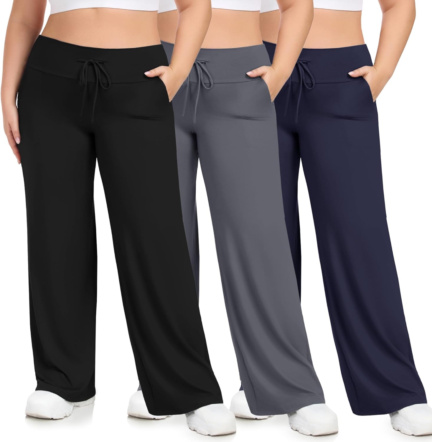 HLTPRO 3 Pack Pajama Pants Women Plus Size Wide Leg Pants Woman with Pockets Casual Lounge Palazzo Black Pant for Yoga