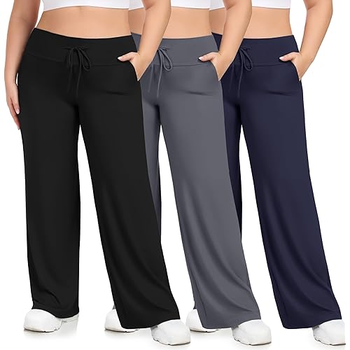 HLTPRO 3 Pack Pajama Pants Women Plus Size Wide Leg Pants Woman with Pockets Casual Lounge Palazzo Black Pant for Yoga
