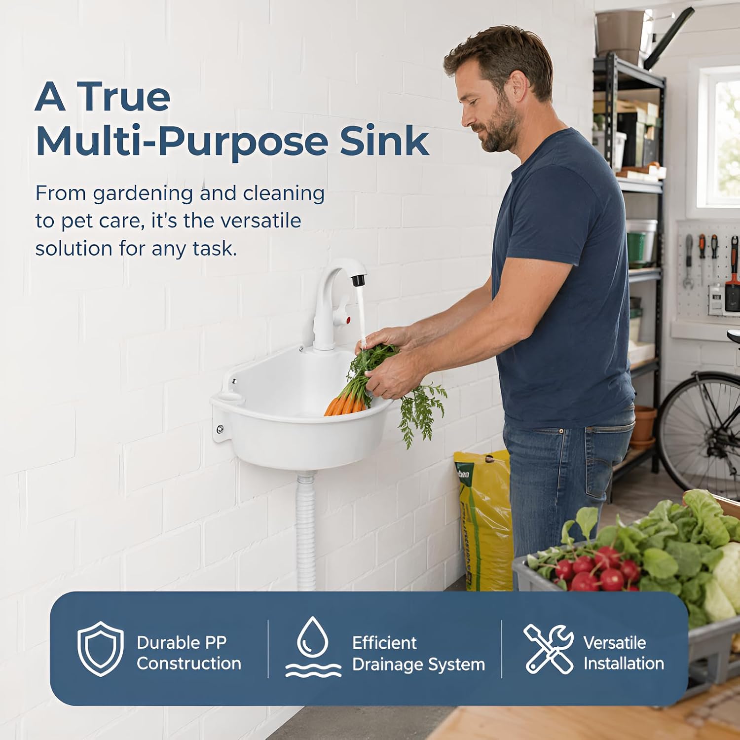 Wall Mounted Sink, White PP Basin with Drain Plug and Pipe