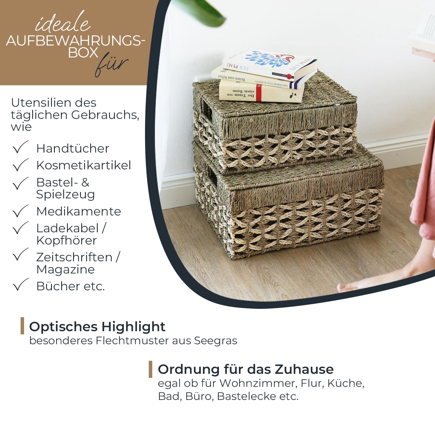 HMF Aufbewahrungskorb mit Deckel, 3er-Set, Korb geflochten aus Seegras und Palmblättern | Klein, Mittel, Groß