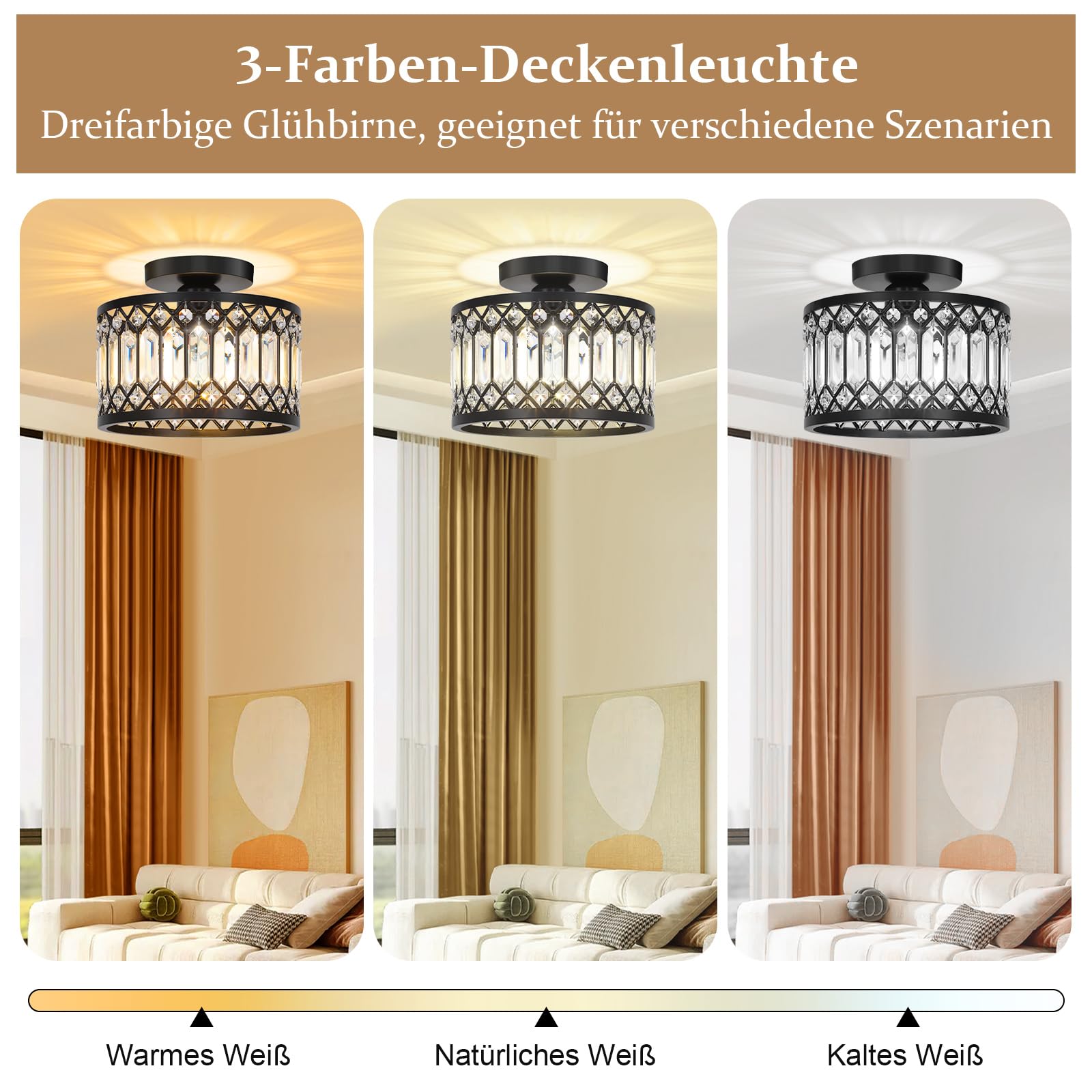 Kristall Deckenlampe Modern Deckenleuchte mit Glühbirne,K9 Metall Rund Deckenleuchte E27 Fassung für Küche Wohnzimmer Schlafzimmer Flur,Ø23cm
