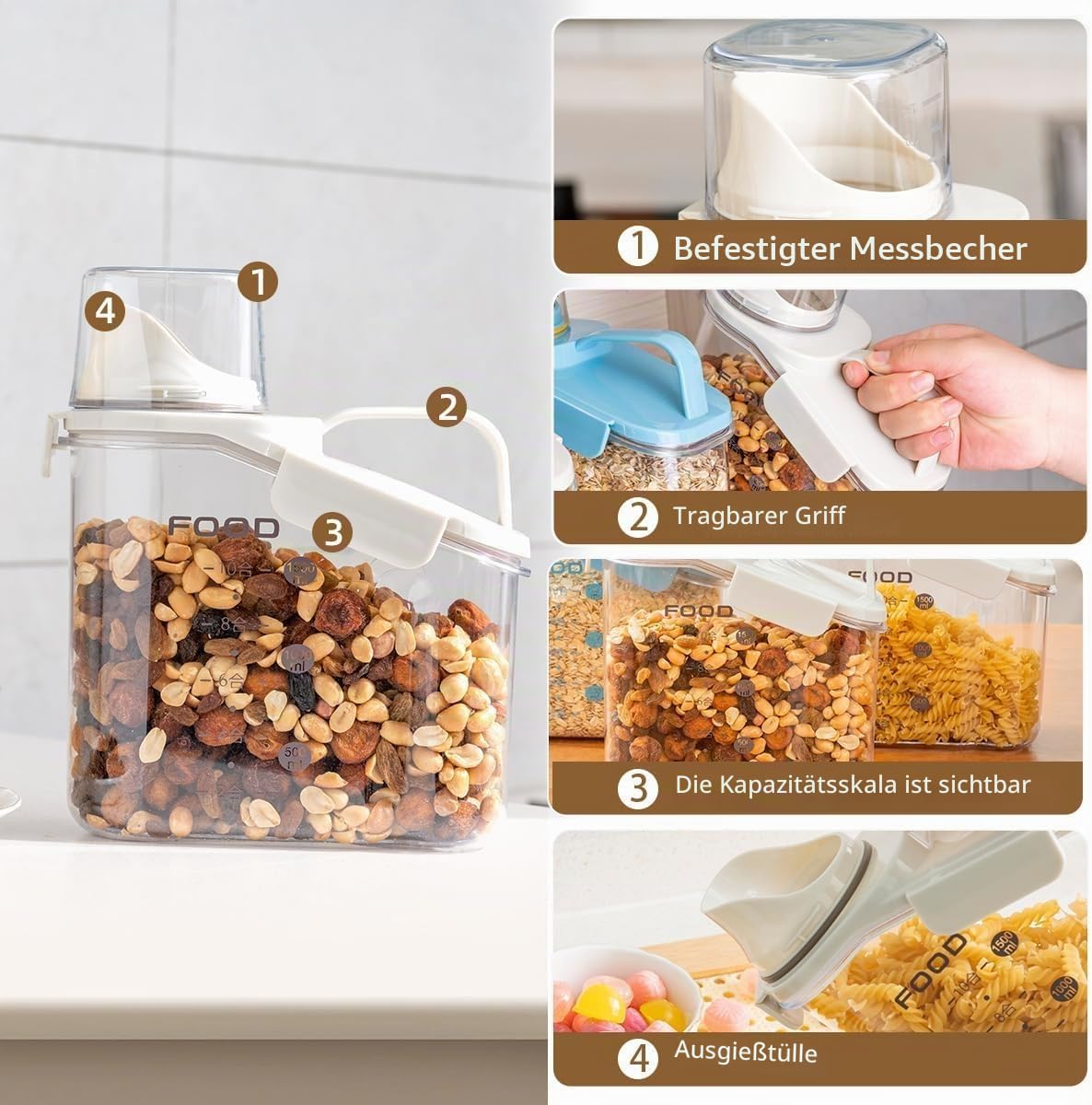 LANGMINGDE Vorratsdosen Set mit Deckel Luftdicht, Vorratsbehälter Küchen Aufbewahrung Organizer Spender für Trockenen Lebensmittel Schüttdose Müsli Getreide Mehl (3er Set x 1.5L - Weiß+Weiß+Blau)