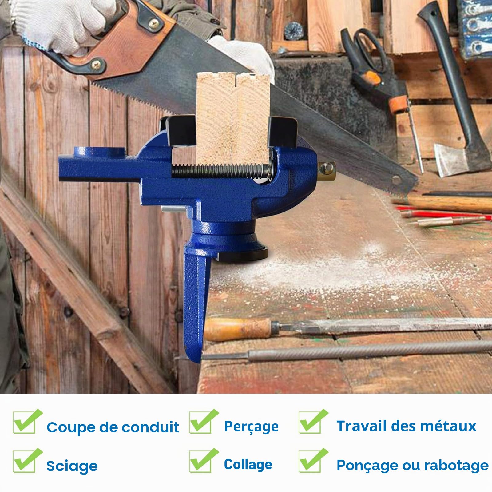 Étau rotatif 70 mm avec 4 coussinets en caoutchouc et gants - Mini étau de table pour établi de petits travaux, art, fabrication de bijoux