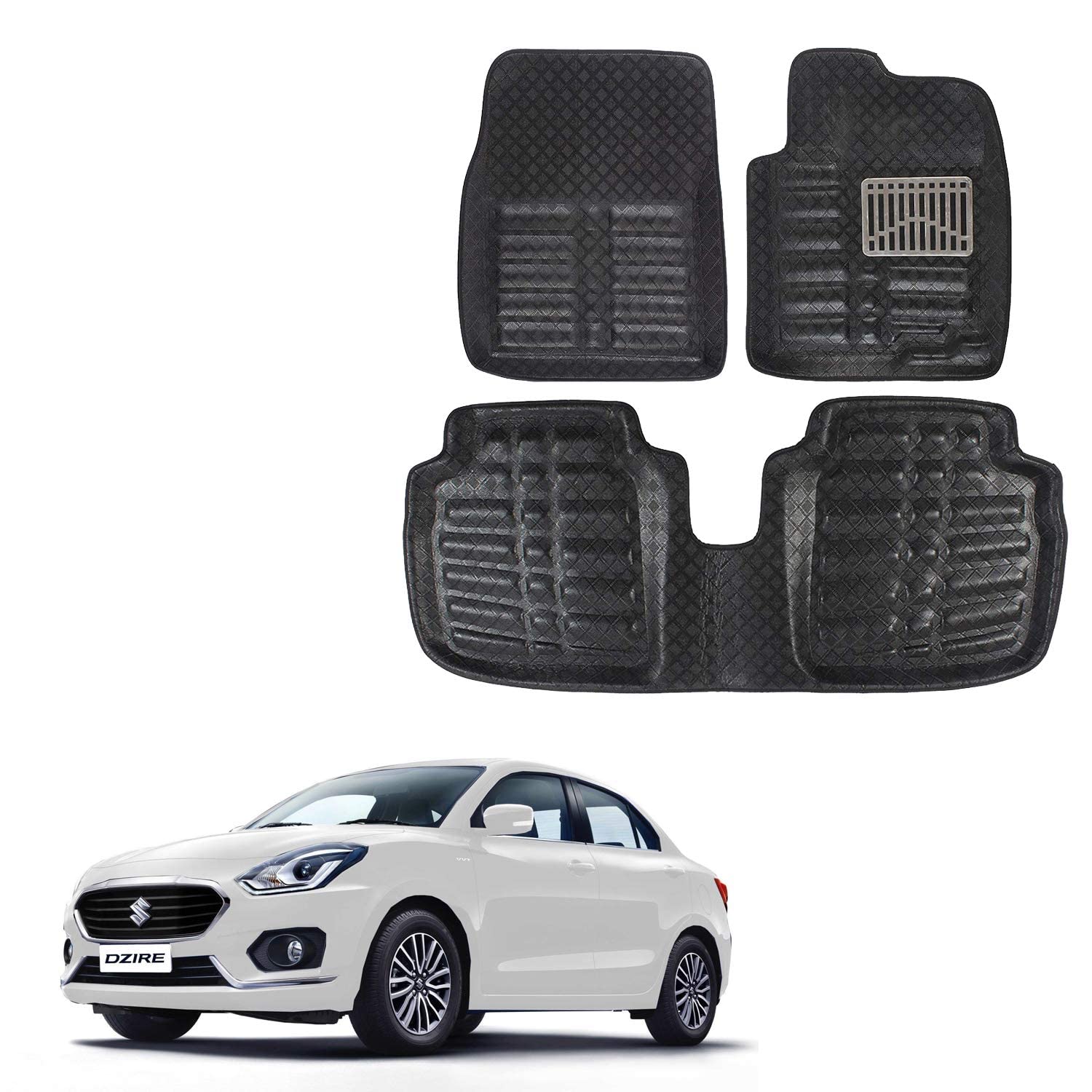 Oshotto 4D Artificial Leather Car Floor Mats Compatible with Maruti Suzuki New Dzire 2017-2023 - Set of 3 (2 pcs Front & one Long Single Rear pc) - Black