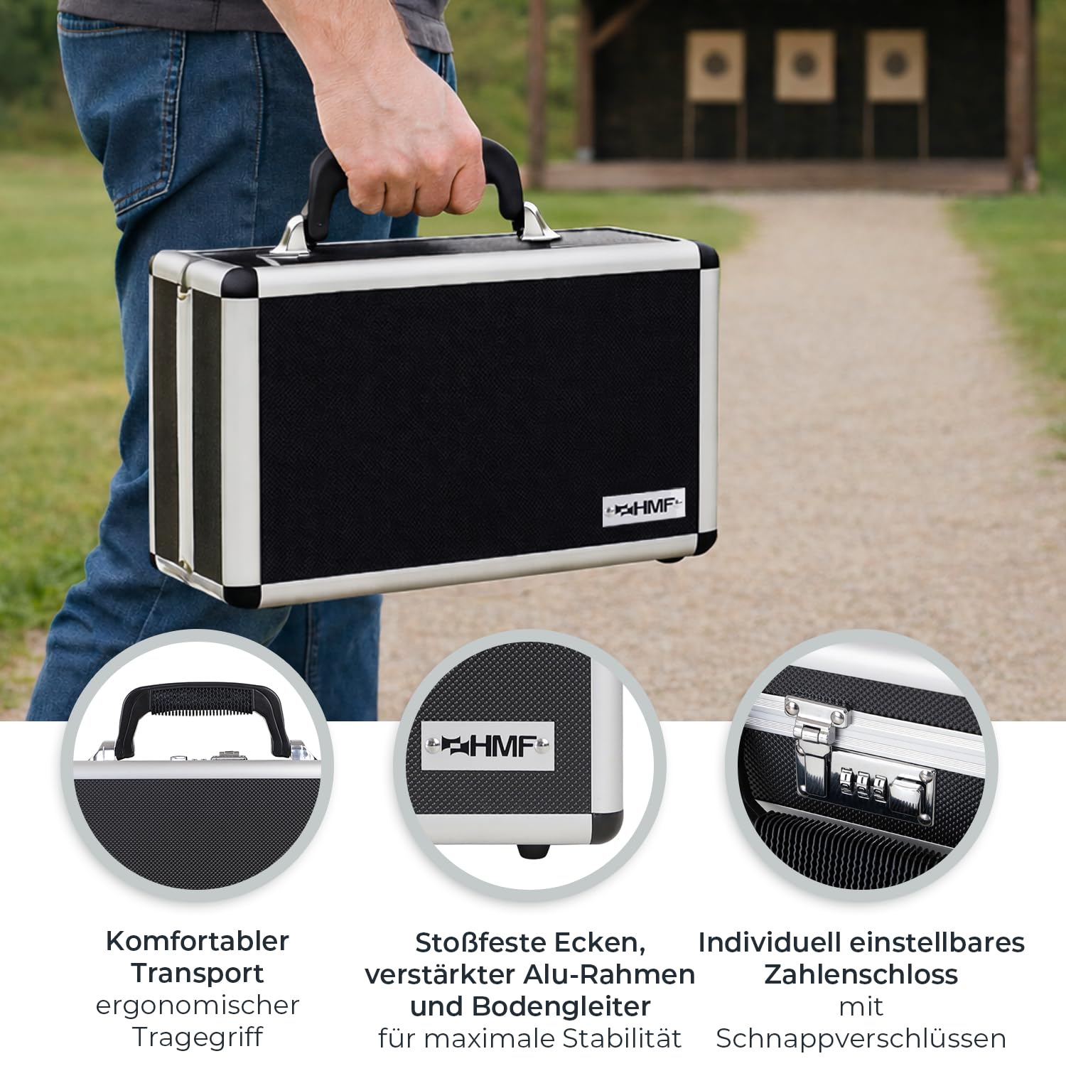 HMF 14403-02 Alu Waffenkoffer für Pistolen mit Zahlenschloss | 42 x 26 x 12 cm | Schwarz