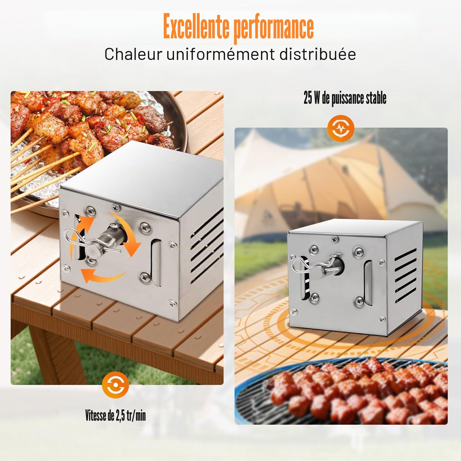 Moteur de barbecue en acier inoxydable 2,5 tr/min, pince à viande pour barbecue, couple max. 100 kg, tournebroche électrique, sens de rotation CW/CCW, accessoire de barbecue en acier