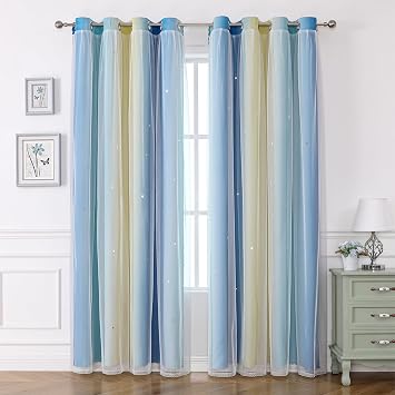 Blue and Yellow Ombre Curtains Double Layer Kids Blackout Curtains for Girls Bedroom Star Cut-Out Colorful Rainbow Curtain for Boys Classroom Curtain