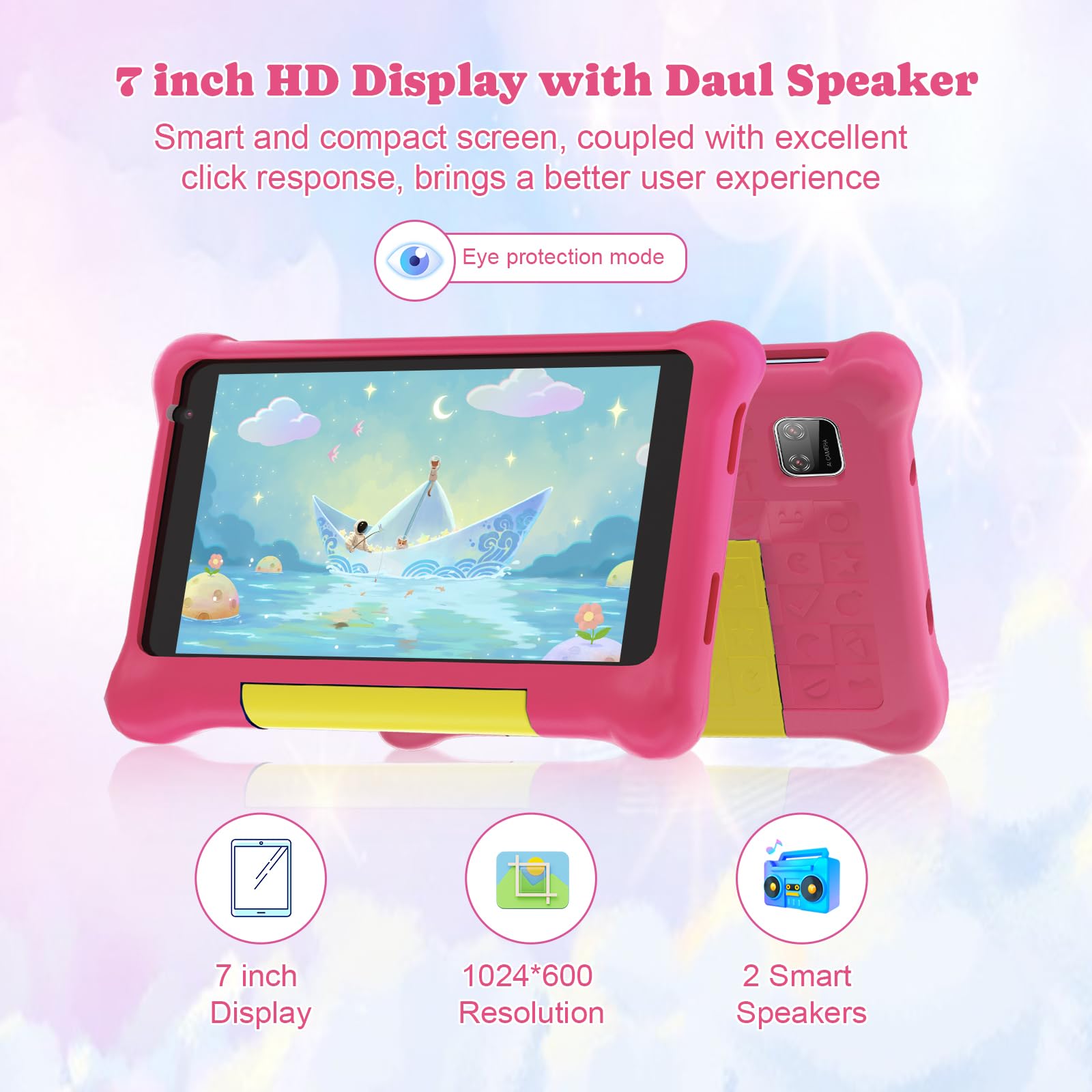 Tablette Enfants 7 Pouces Android 13 Tablette pour Enfant 5GB RAM 32GB ROM(TF 128GB) Contrôle Parental, GMS, WiFi, Bluetooth, Kids Tablette Tactile Éducative avec Kid-Proof Étui (Rose)