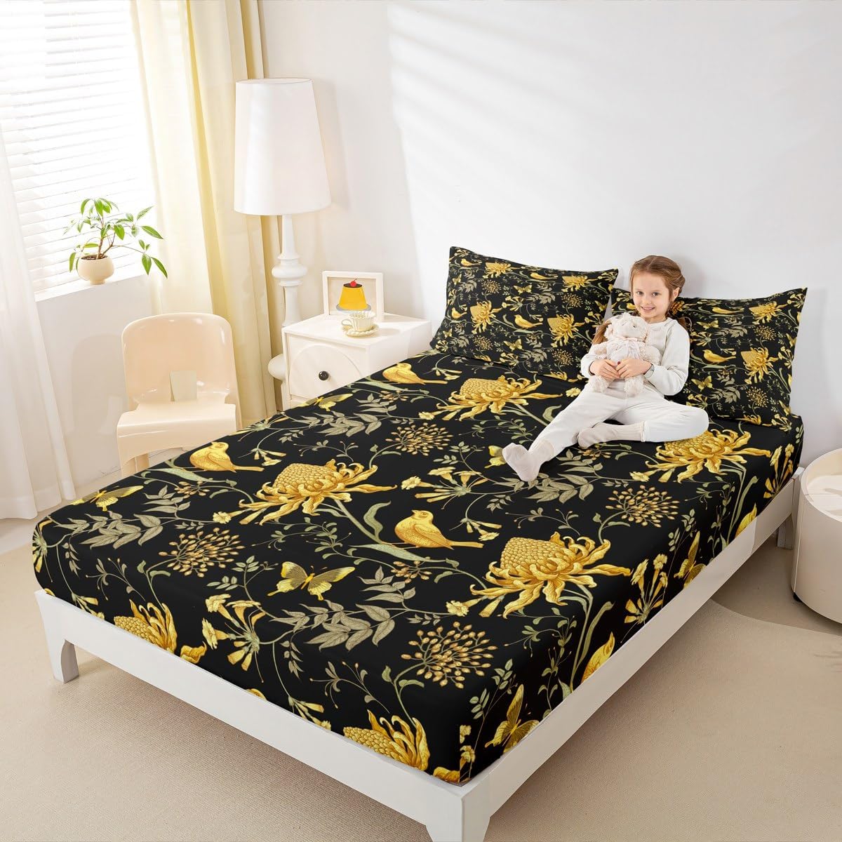 Birds Butterfly Retro Flower Print Full Size Fitted Sheet No Top Sheet,Garden Theme Vintage Style 3 Pieces Kids Teenager Room Decor Chrysanthemum Pocket 2 Pillowcases