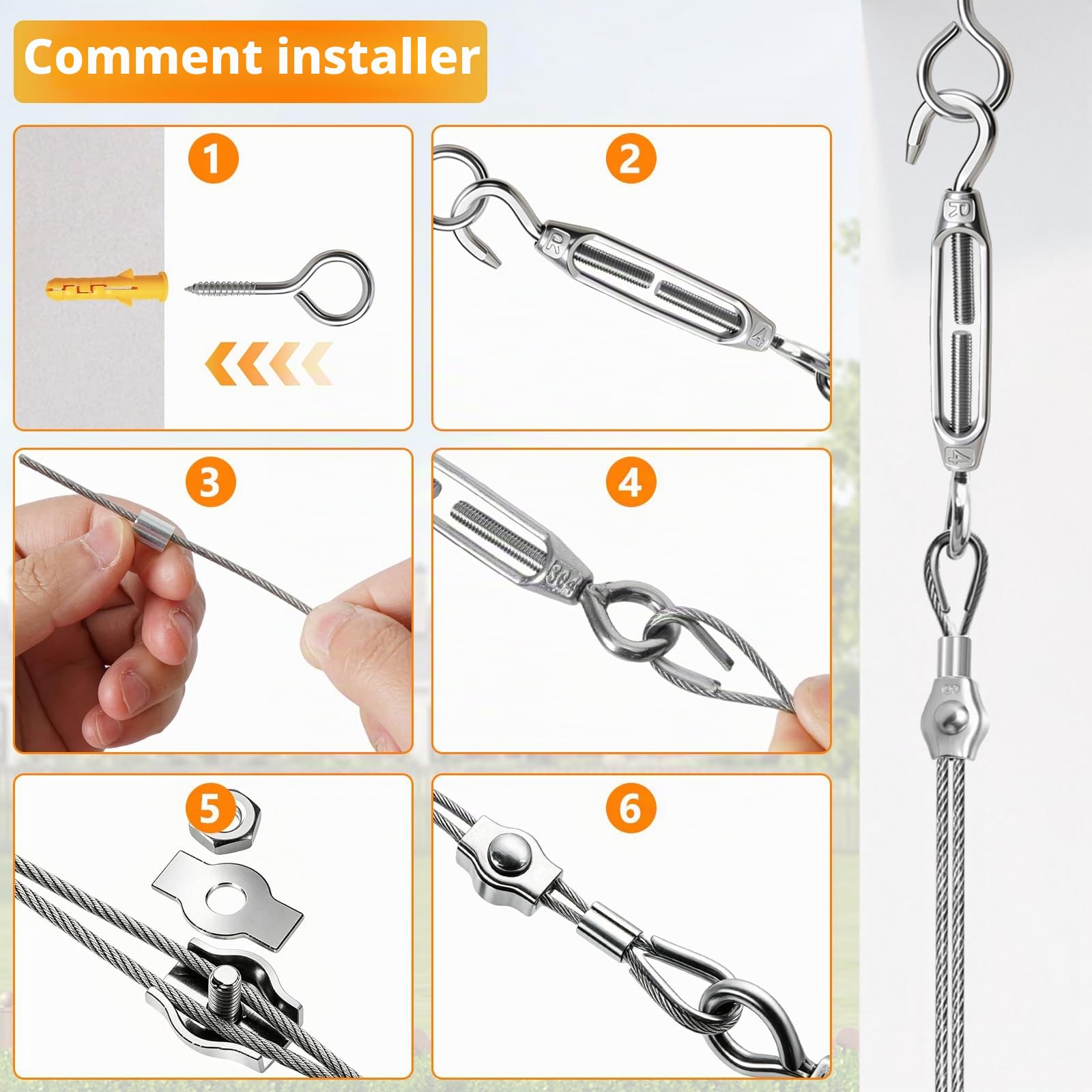60M 2MM Corde en Acier Inoxydable à Suspendre Kit, Câble en Acier Inoxydable Revêtu pour Plantes Grimpante, Extérieur Suspension, Corde a linge, Lustre D'ExtéRieur