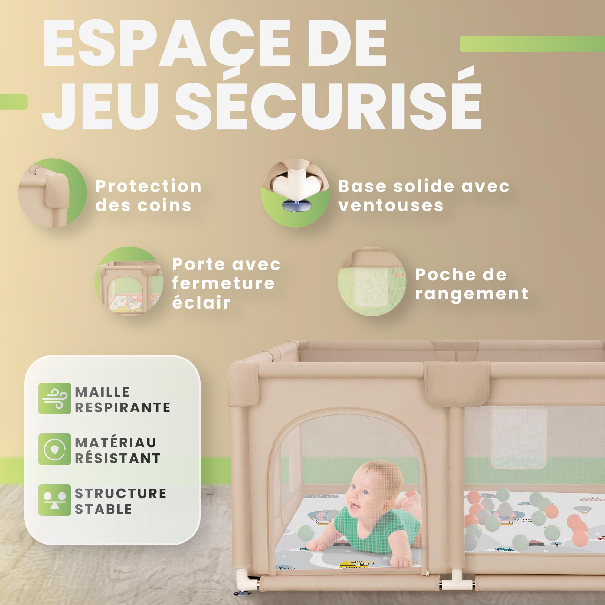 JUPPLIES Parc Bébé Sécurisé 120×120 cm – Aire de Jeu Carrée pour Enfant 6-24 mois, Filet Respirant 360°, Structure Stable Antidérapante (Beige avec tapis + balles)