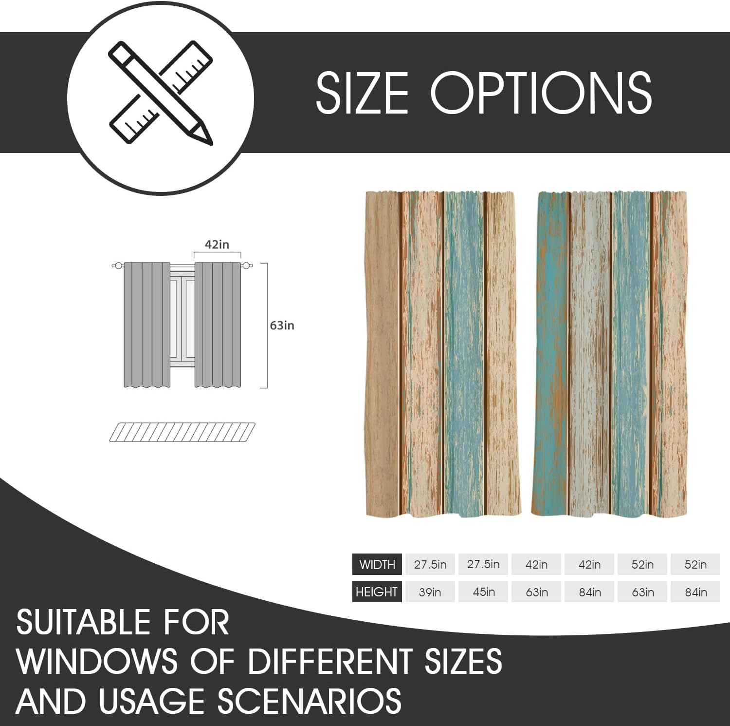 zokyer Teal and Brown Window Curtain Auqu Turquoise Green Wood Barn Door Cabin Farmhouse Country Western 42" W x 63" L for Living Room Bedroom Bathroom Set of 2 Panels Rod Pocket Drapes