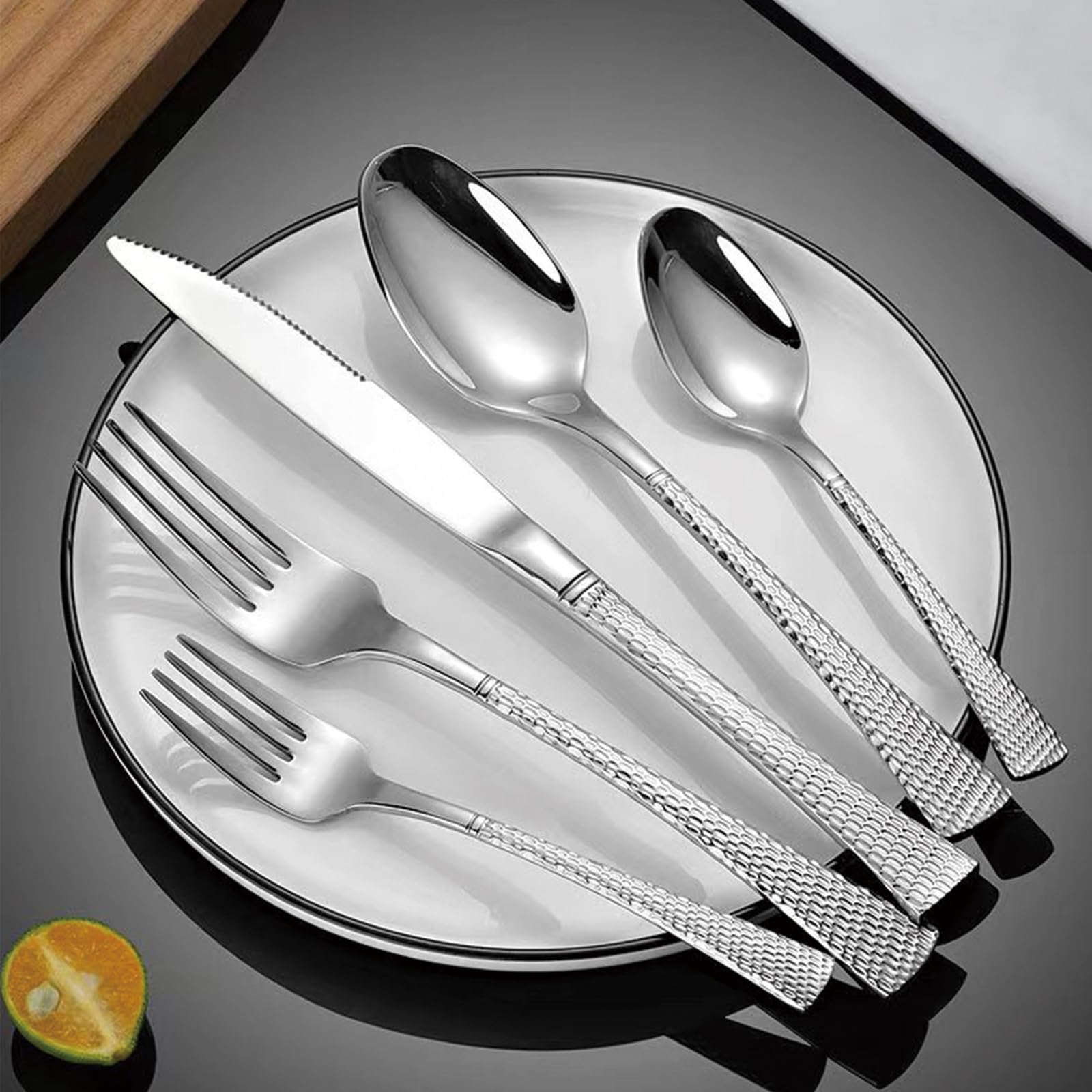 60 Pieces Utensil Set,18/8 stainless steel set for 12,Flatware set Hammer point process handle, Fine Silverware set and Dishwasher Safe, tableware set for Housewarming Gift-LX
