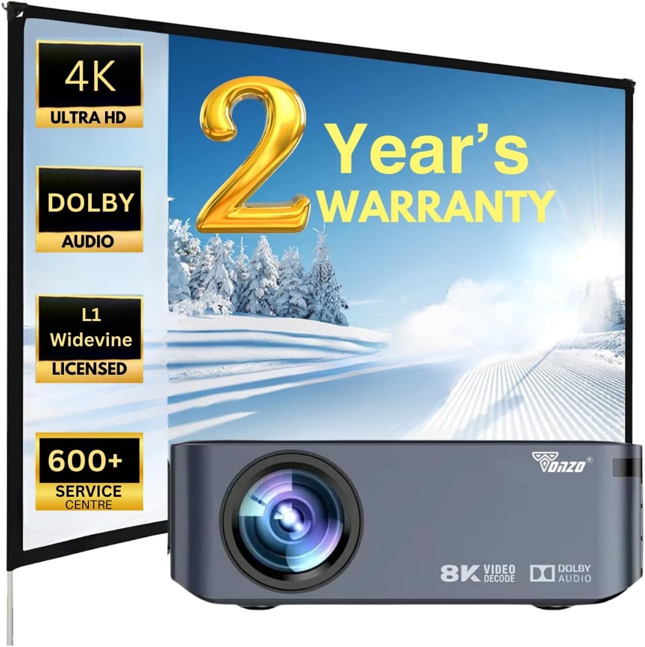 TONZO® X1 Android LED Projector, 8K Support, FHD, 7500L, 250" Screen, 10W Dolby, Widevine L1, Dual Wi-Fi & BT, OTT, Voice Remote, 4D/4P Keystone, AI Intelligence